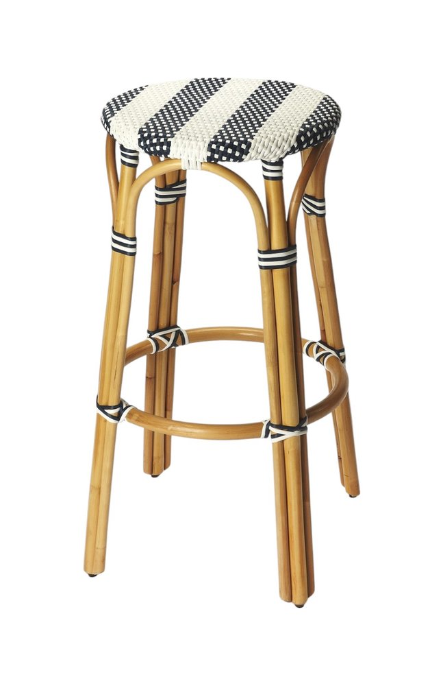 30" Blue and White and Natural Heavy Duty Rattan Backless Bar Height Bar Chair HomeRoots