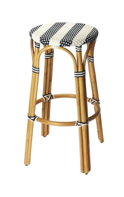 30" Blue and White and Natural Heavy Duty Rattan Backless Bar Height Bar Chair HomeRoots