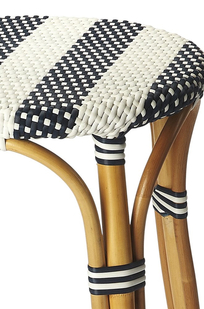 30" Blue and White and Natural Heavy Duty Rattan Backless Bar Height Bar Chair HomeRoots