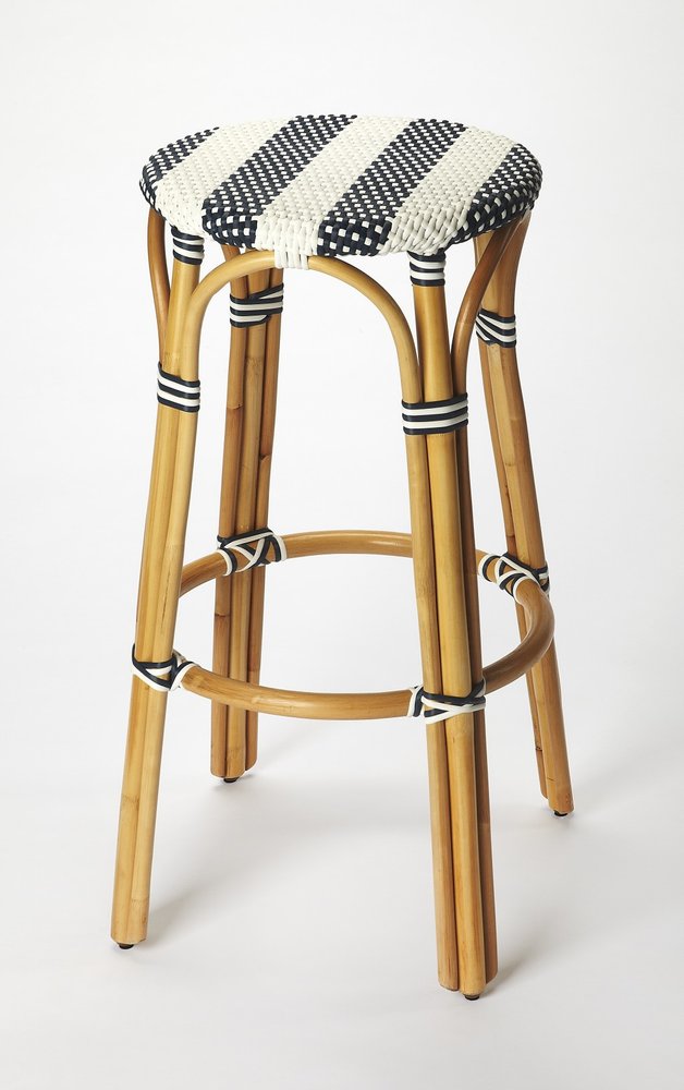 30" Blue and White and Natural Heavy Duty Rattan Backless Bar Height Bar Chair HomeRoots