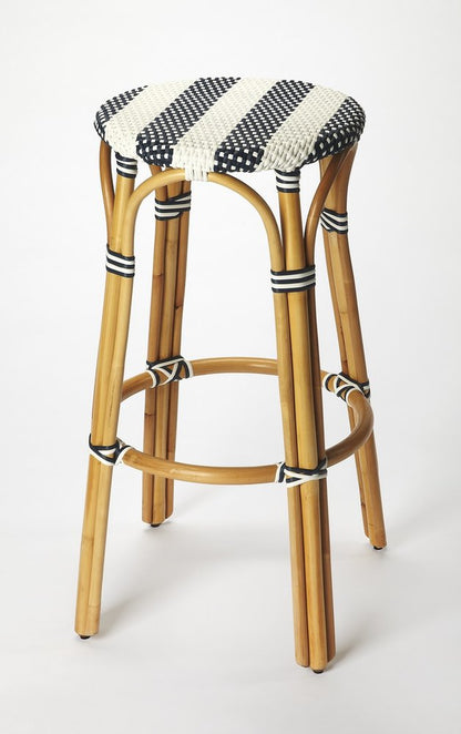 30" Blue and White and Natural Heavy Duty Rattan Backless Bar Height Bar Chair HomeRoots