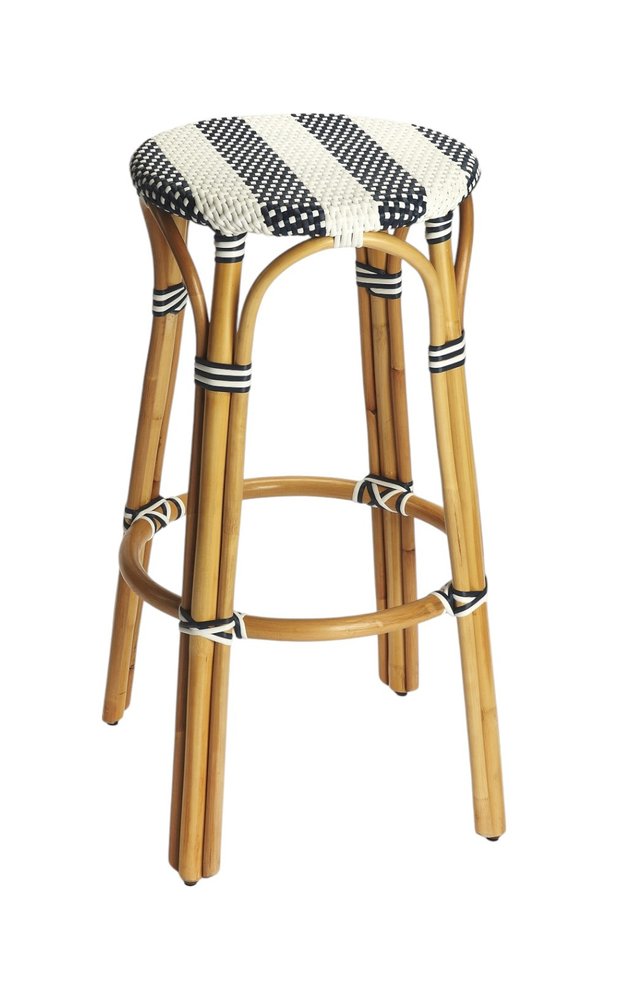 30" Blue and White and Natural Heavy Duty Rattan Backless Bar Height Bar Chair HomeRoots