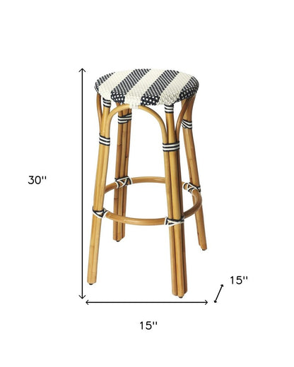 30" Blue and White and Natural Heavy Duty Rattan Backless Bar Height Bar Chair HomeRoots