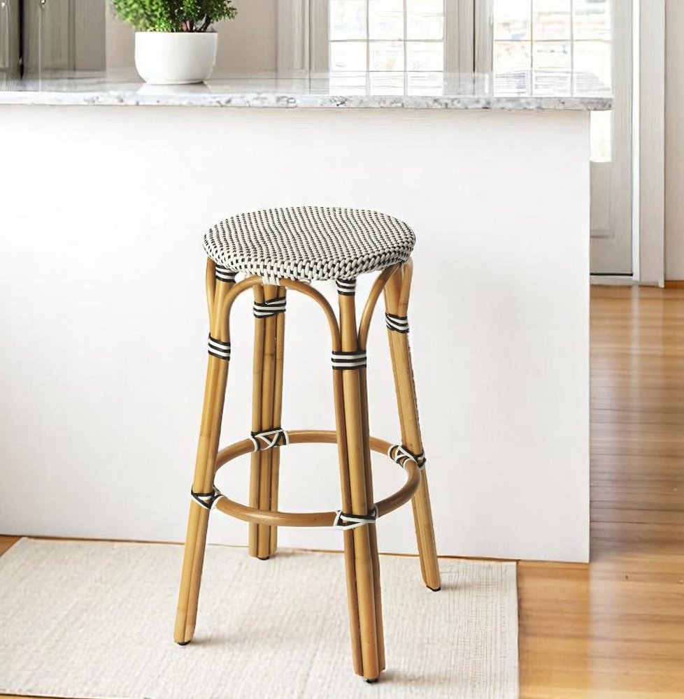 30" Natural Black and White Rattan Backless Bar Height Bar Chair HomeRoots