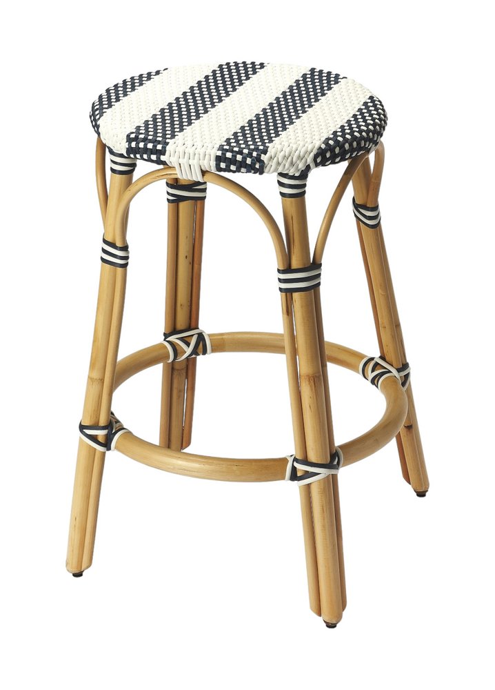 24" Blue White And Natural Rattan Backless Counter Height Bar Chair HomeRoots