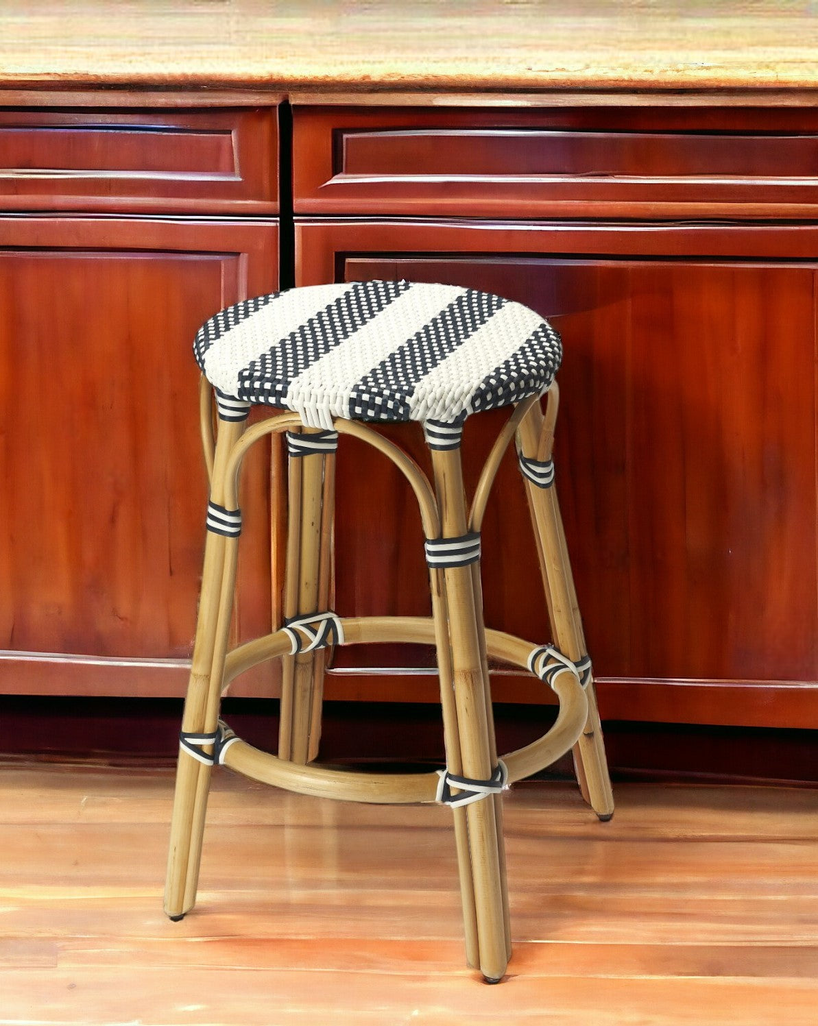 24" Blue White And Natural Rattan Backless Counter Height Bar Chair