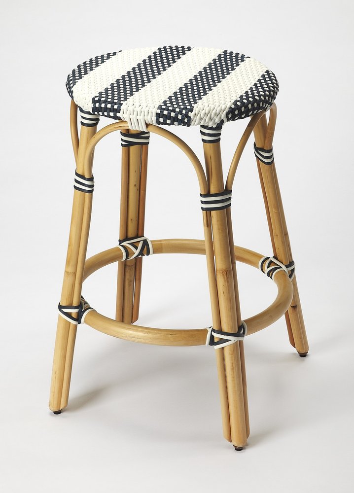 24" Blue White And Natural Rattan Backless Counter Height Bar Chair HomeRoots
