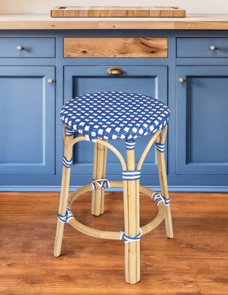 24" Blue and White and Wood Brown Heavy Duty Rattan Backless Counter Height Bar Chair HomeRoots