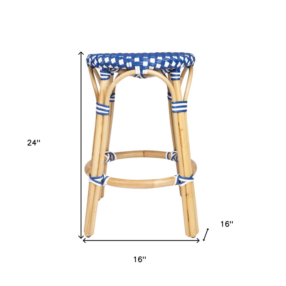 24" Blue and White and Wood Brown Heavy Duty Rattan Backless Counter Height Bar Chair HomeRoots