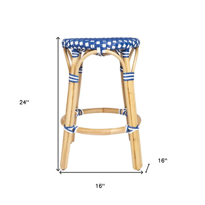 24" Blue and White and Wood Brown Heavy Duty Rattan Backless Counter Height Bar Chair HomeRoots