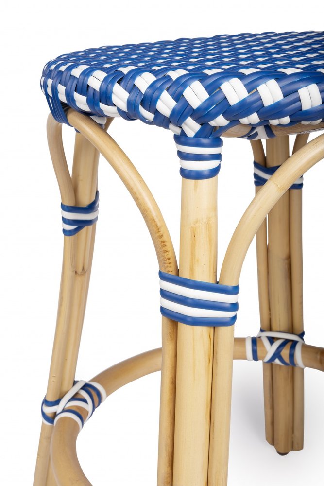 24" Blue and White and Wood Brown Heavy Duty Rattan Backless Counter Height Bar Chair HomeRoots
