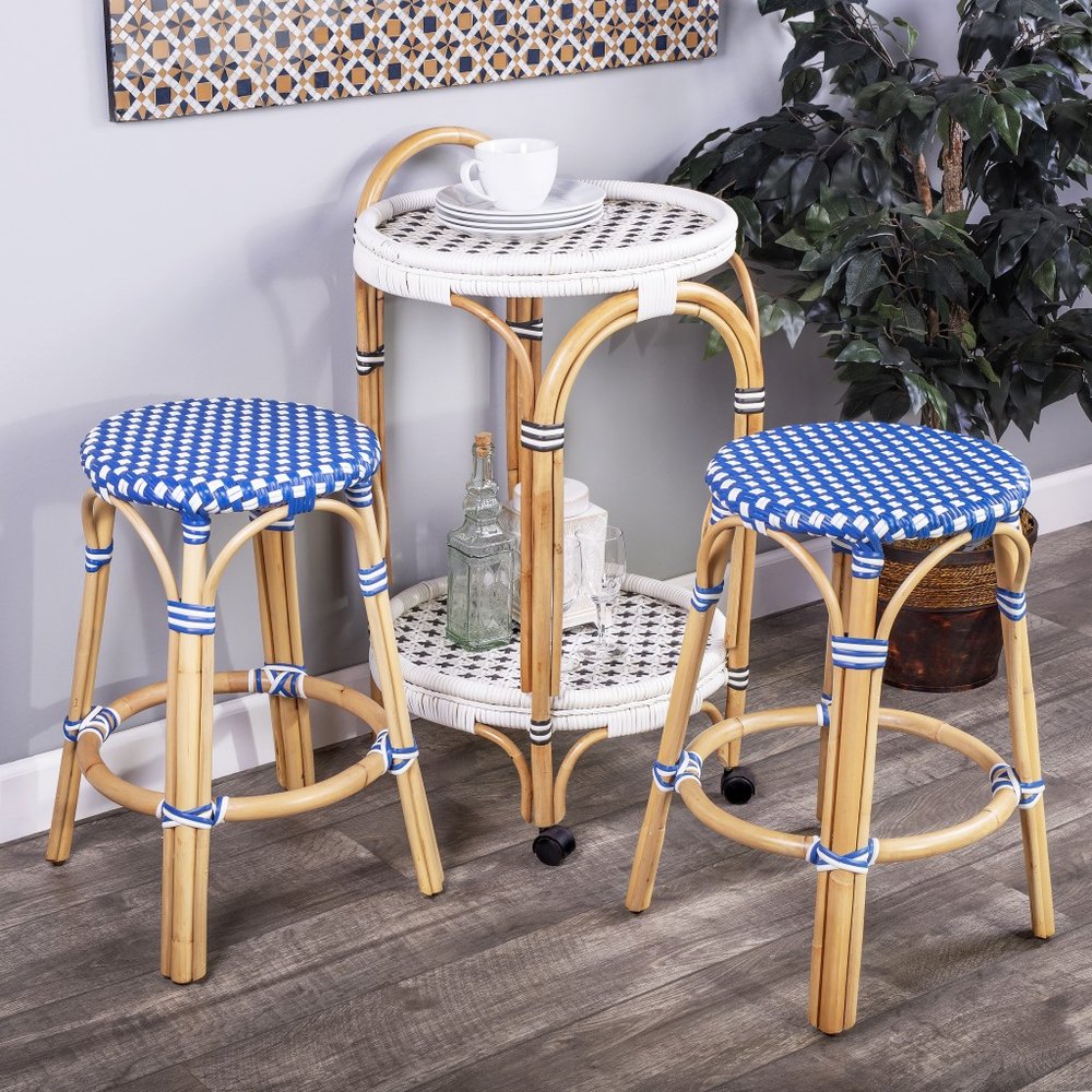 24" Blue and White and Wood Brown Heavy Duty Rattan Backless Counter Height Bar Chair HomeRoots