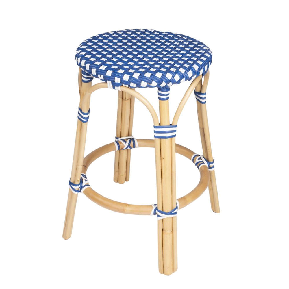 24" Blue and White and Wood Brown Heavy Duty Rattan Backless Counter Height Bar Chair HomeRoots