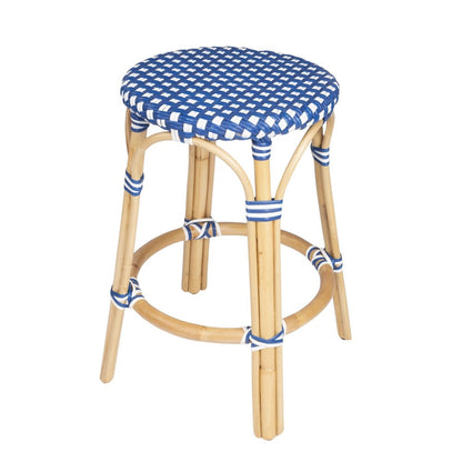 24" Blue and White and Wood Brown Heavy Duty Rattan Backless Counter Height Bar Chair HomeRoots