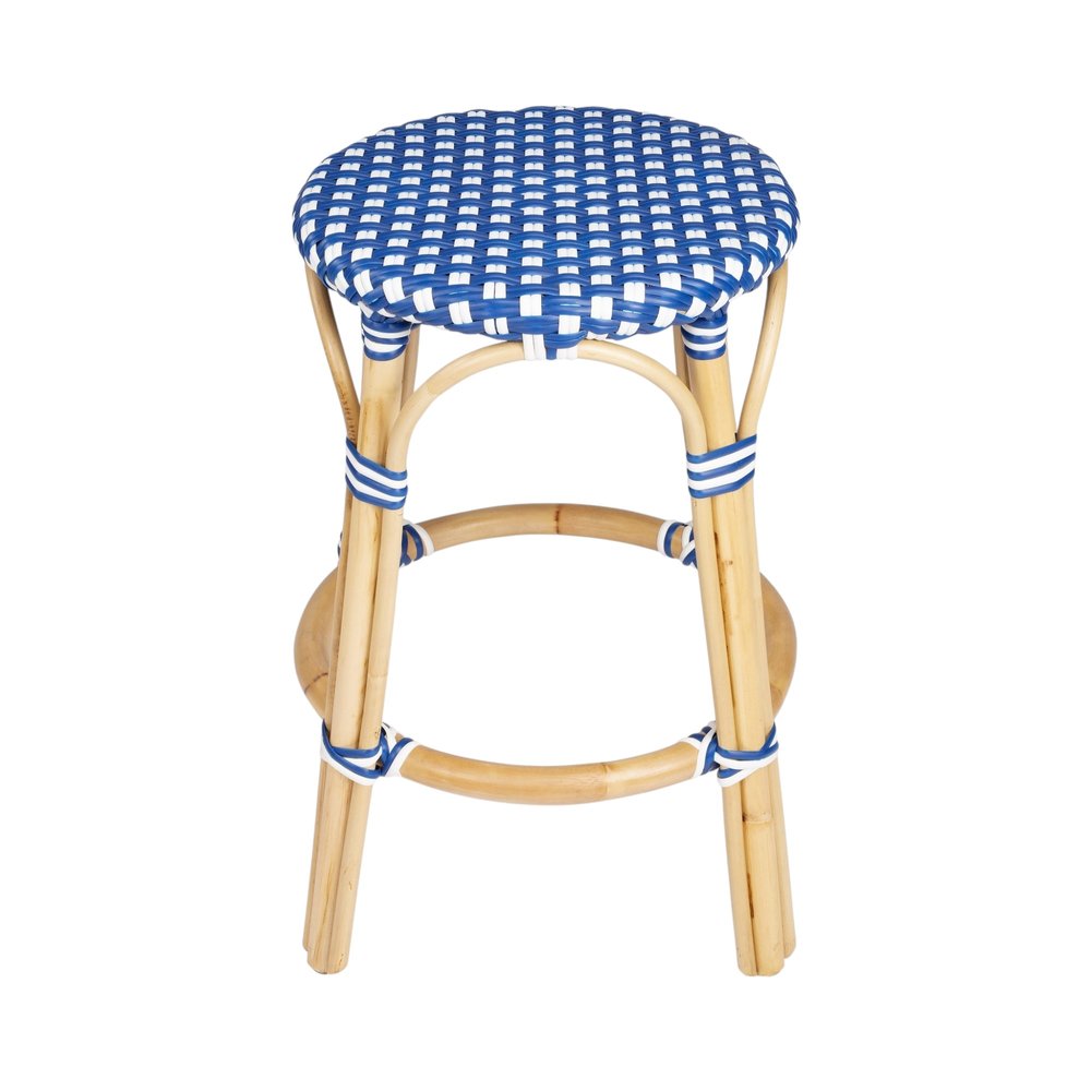 24" Blue and White and Wood Brown Heavy Duty Rattan Backless Counter Height Bar Chair HomeRoots