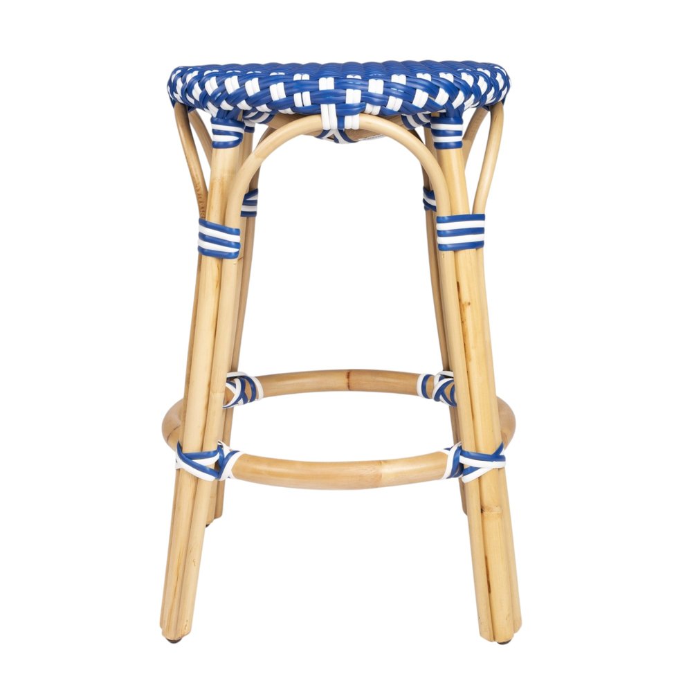 24" Blue and White and Wood Brown Heavy Duty Rattan Backless Counter Height Bar Chair HomeRoots