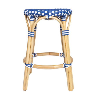 24" Blue and White and Wood Brown Heavy Duty Rattan Backless Counter Height Bar Chair HomeRoots