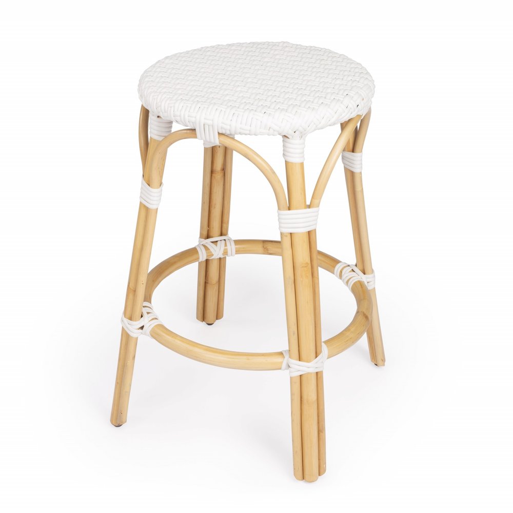 24" White and Natural Heavy Duty Rattan Backless Counter Height Bar Chair HomeRoots