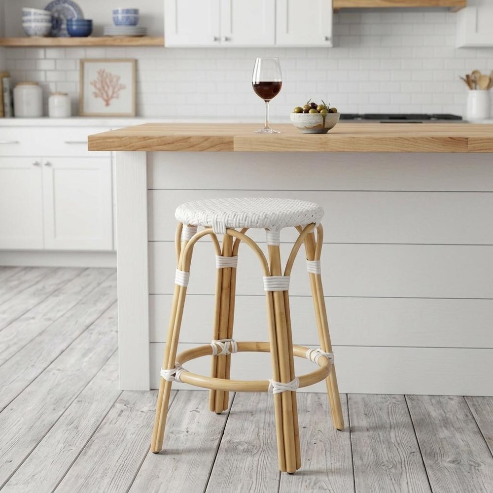 24" White and Natural Heavy Duty Rattan Backless Counter Height Bar Chair HomeRoots