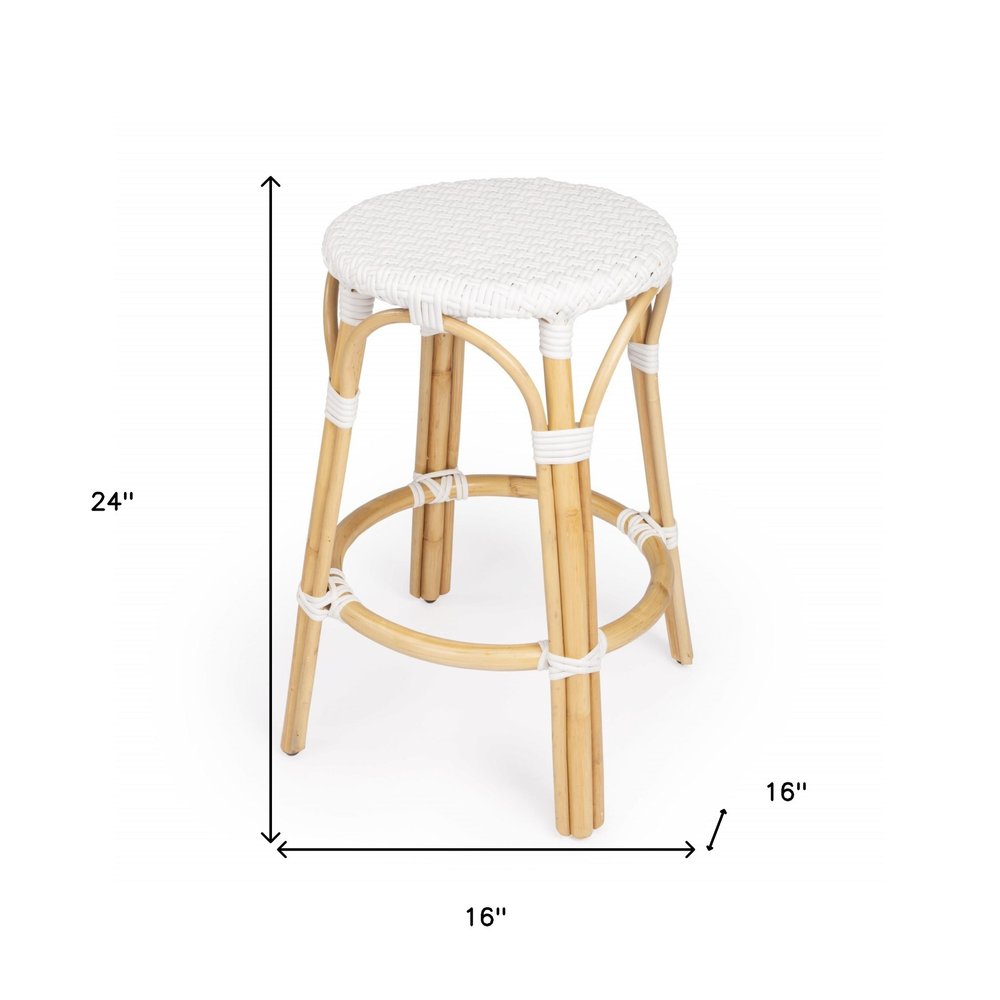 24" White and Natural Heavy Duty Rattan Backless Counter Height Bar Chair HomeRoots