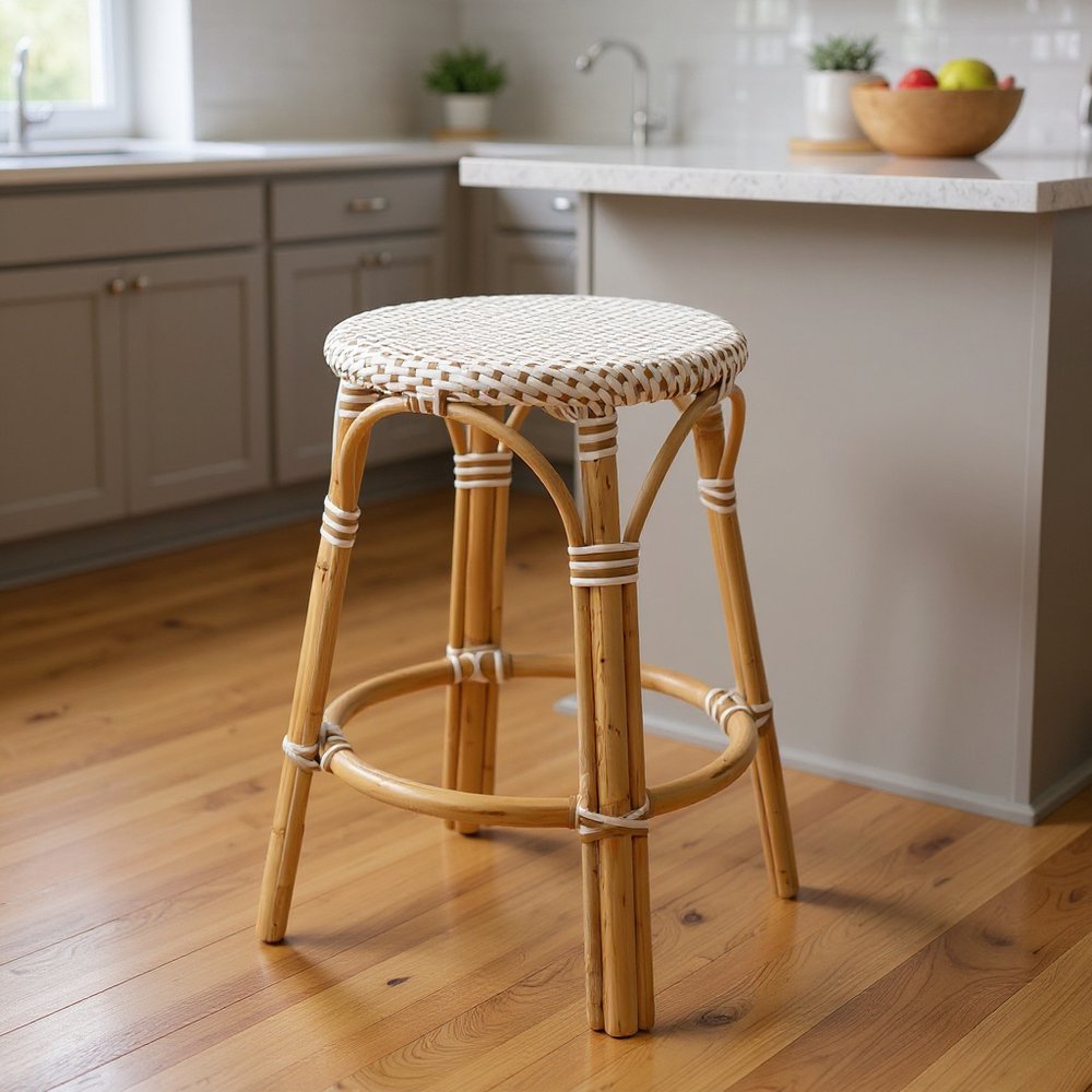 24" Natural and White Rattan Backless Counter Height Bar Chair HomeRoots