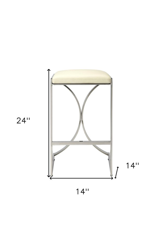 24" Off White and Silver Faux Leather and Iron Backless Counter Height Bar Chair HomeRoots