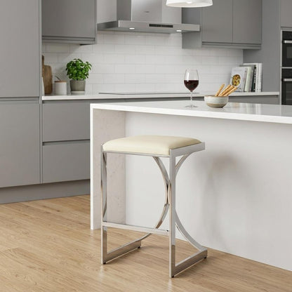24" Off White and Silver Faux Leather and Iron Backless Counter Height Bar Chair HomeRoots