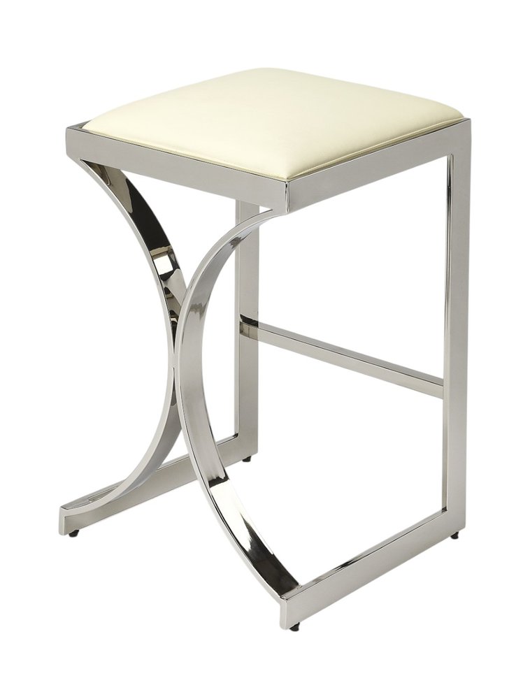 24" Off White and Silver Faux Leather and Iron Backless Counter Height Bar Chair HomeRoots