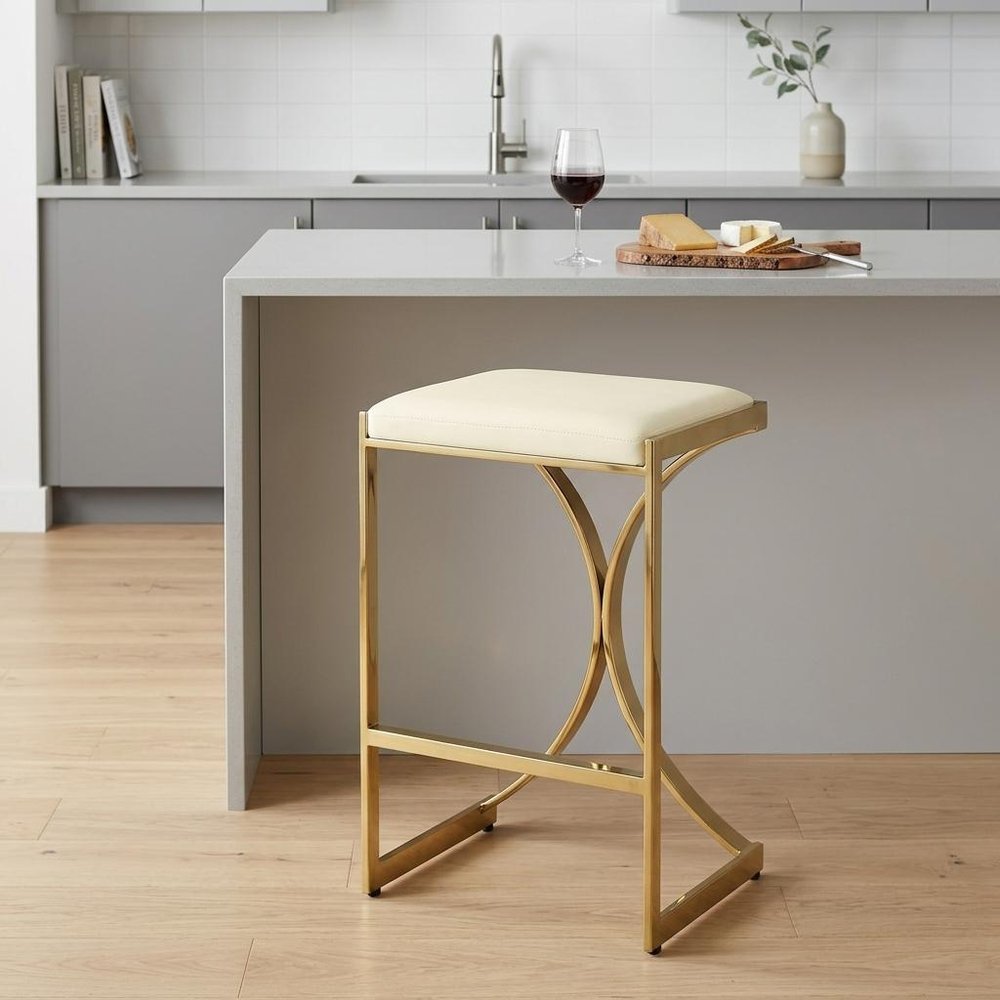 24" Off White and Gold Faux Leather and Iron Backless Counter Height Bar Chair HomeRoots