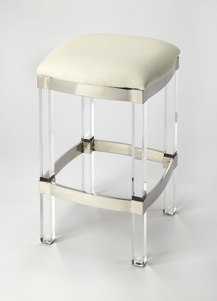 24" White and Clear Stainless Steel and Acrylic Backless Counter Height Bar Chair HomeRoots