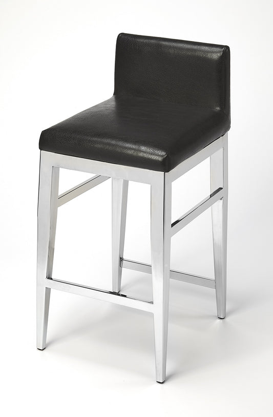 25" Black And Silver Metallic Faux Leather And Steel Bar Chair