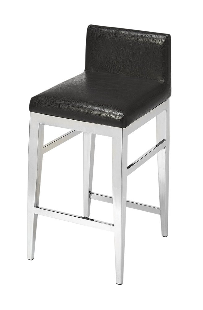 25" Black and Silver Faux Leather and Steel Bar Chair HomeRoots