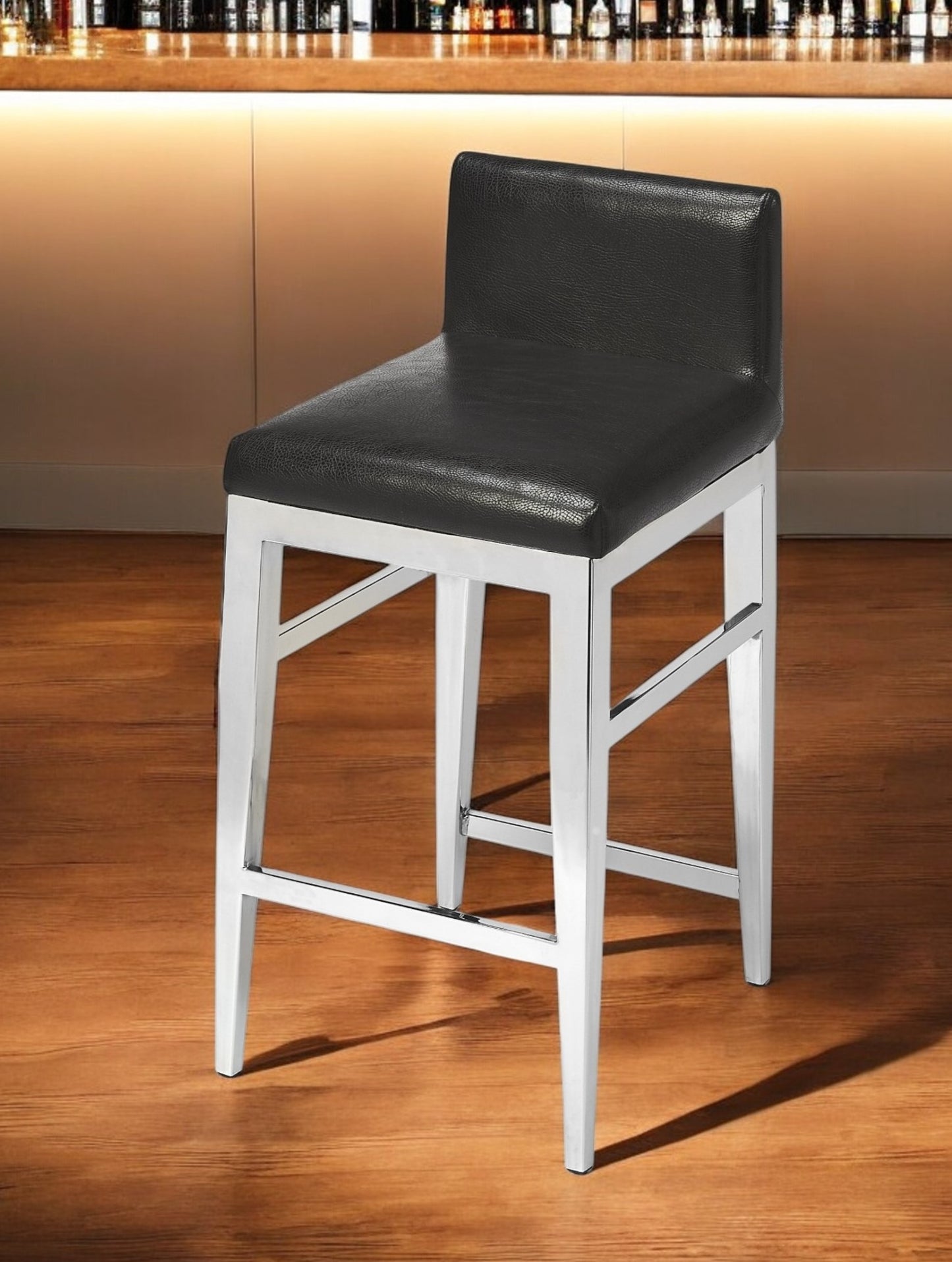 25" Black and Silver Faux Leather and Steel Bar Chair