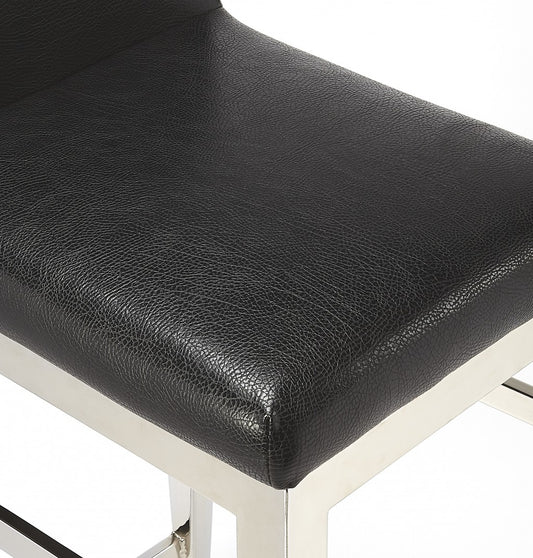 25" Black And Silver Metallic Faux Leather And Steel Bar Chair