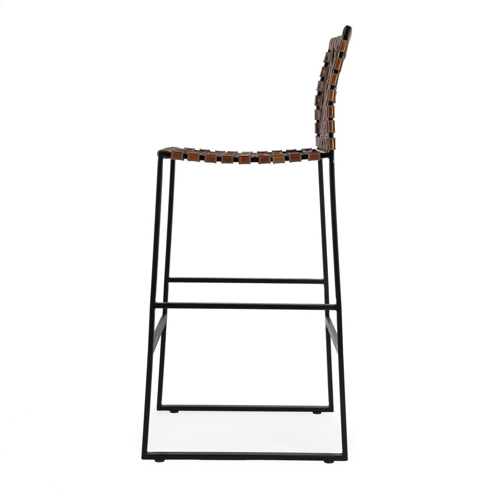28" Brown and Black Leather and Iron Bar Chair HomeRoots
