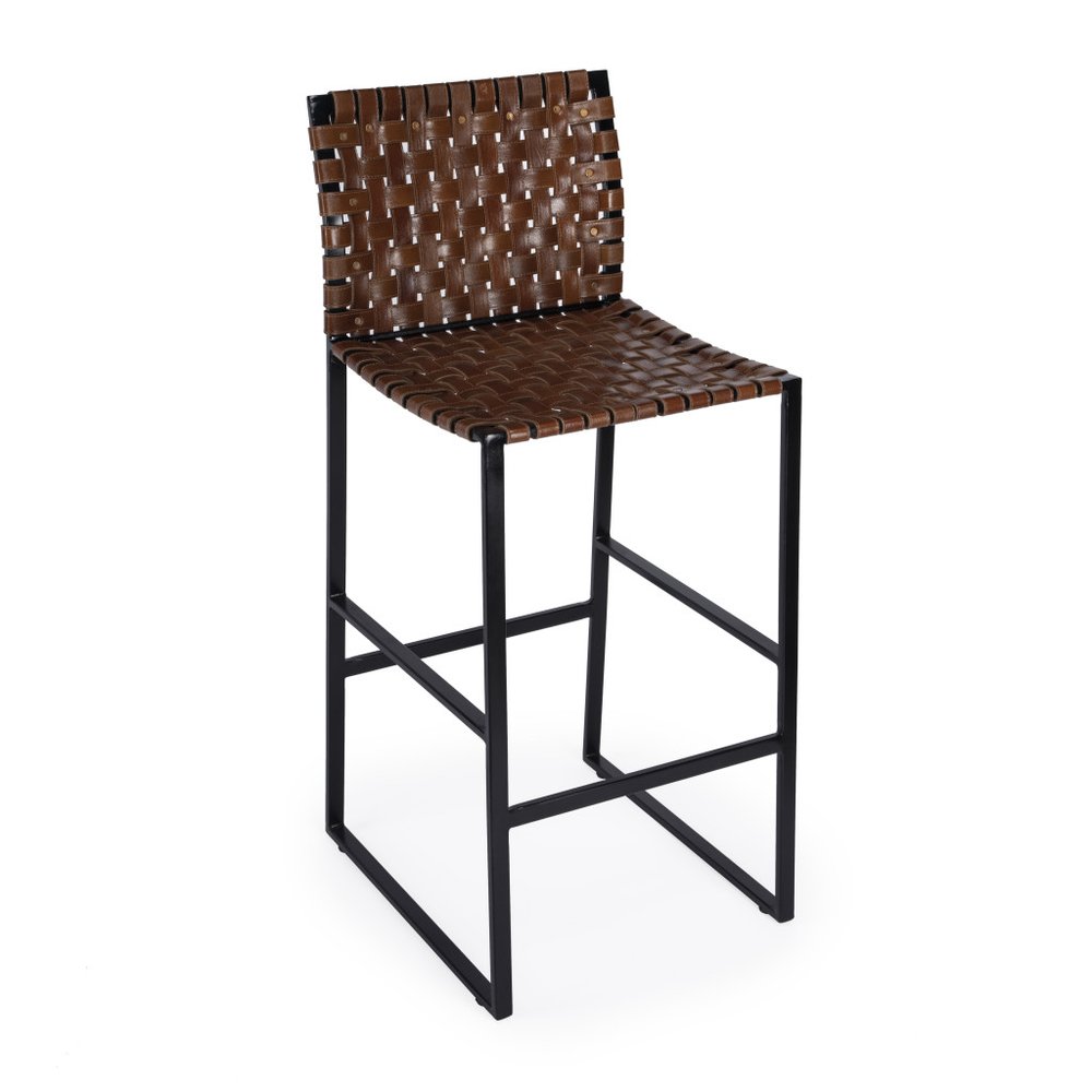 28" Brown and Black Leather and Iron Bar Chair HomeRoots