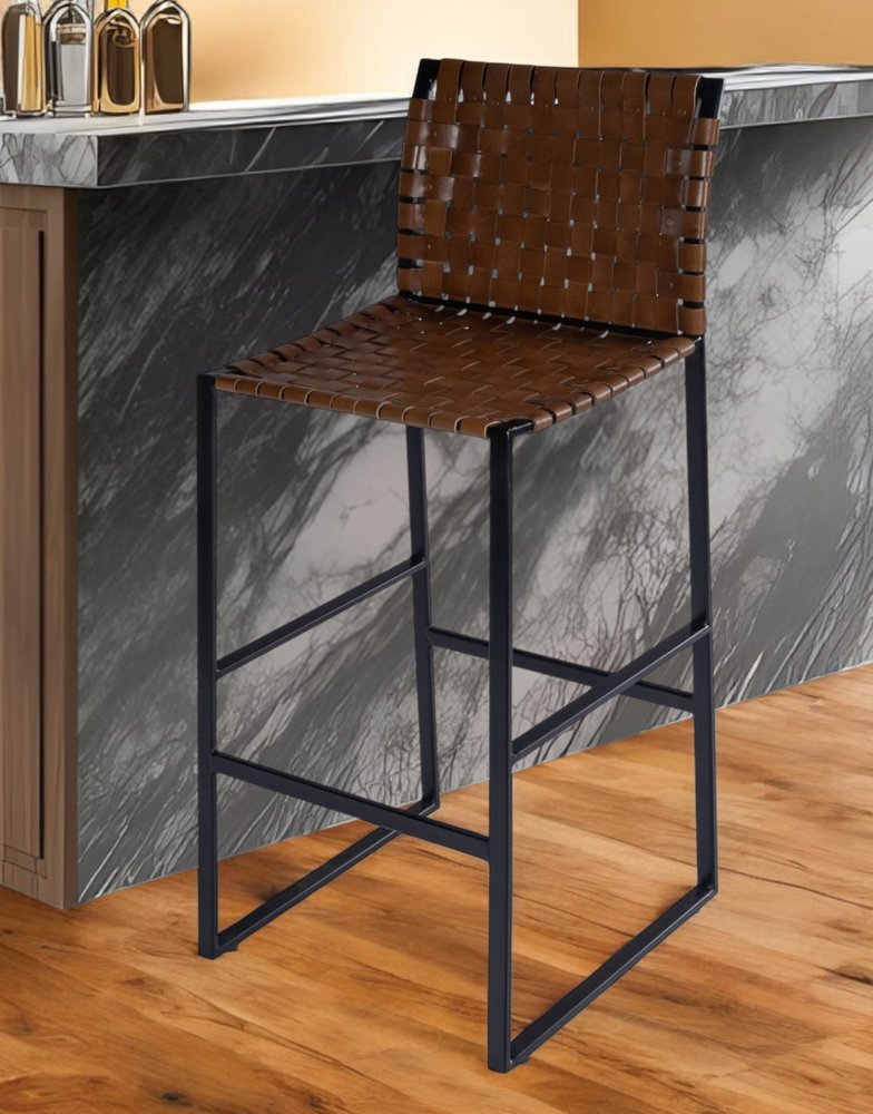 28" Brown and Black Leather and Iron Bar Chair HomeRoots