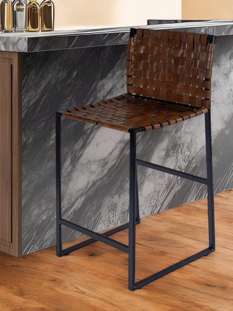 36" Brown and Black Leather and Iron Bar Chair HomeRoots