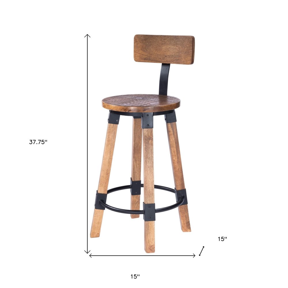 28" Brown and Natural Solid Wood and Iron Bar Chair HomeRoots