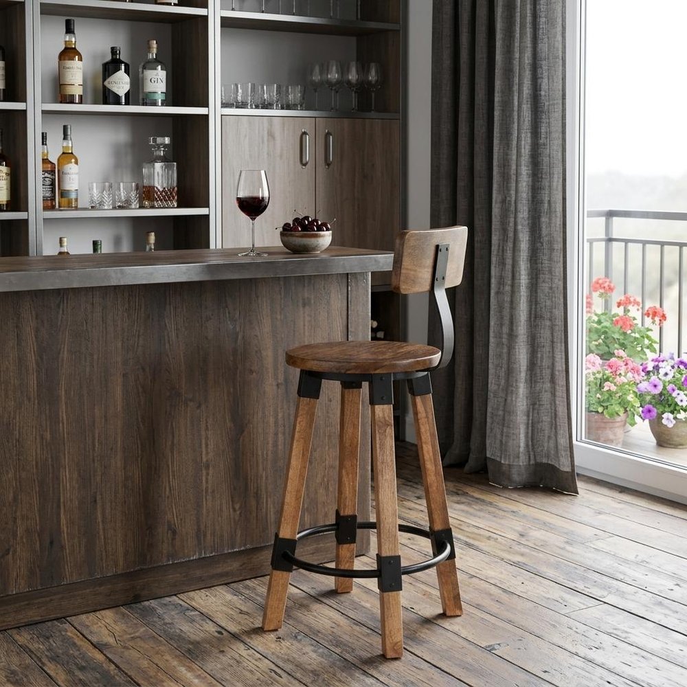 28" Brown and Natural Solid Wood and Iron Bar Chair HomeRoots