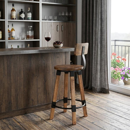 28" Brown and Natural Solid Wood and Iron Bar Chair HomeRoots