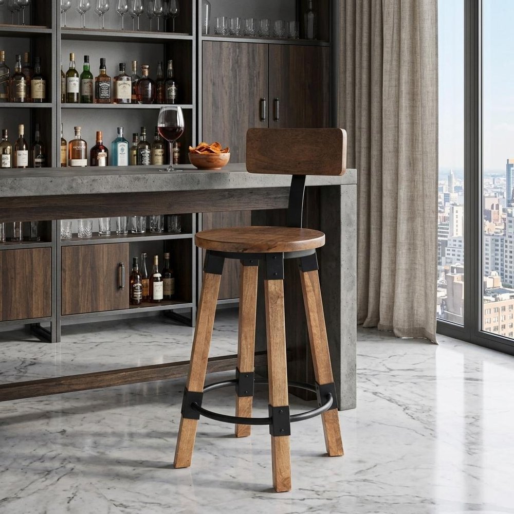 28" Brown and Natural Solid Wood and Iron Bar Chair HomeRoots