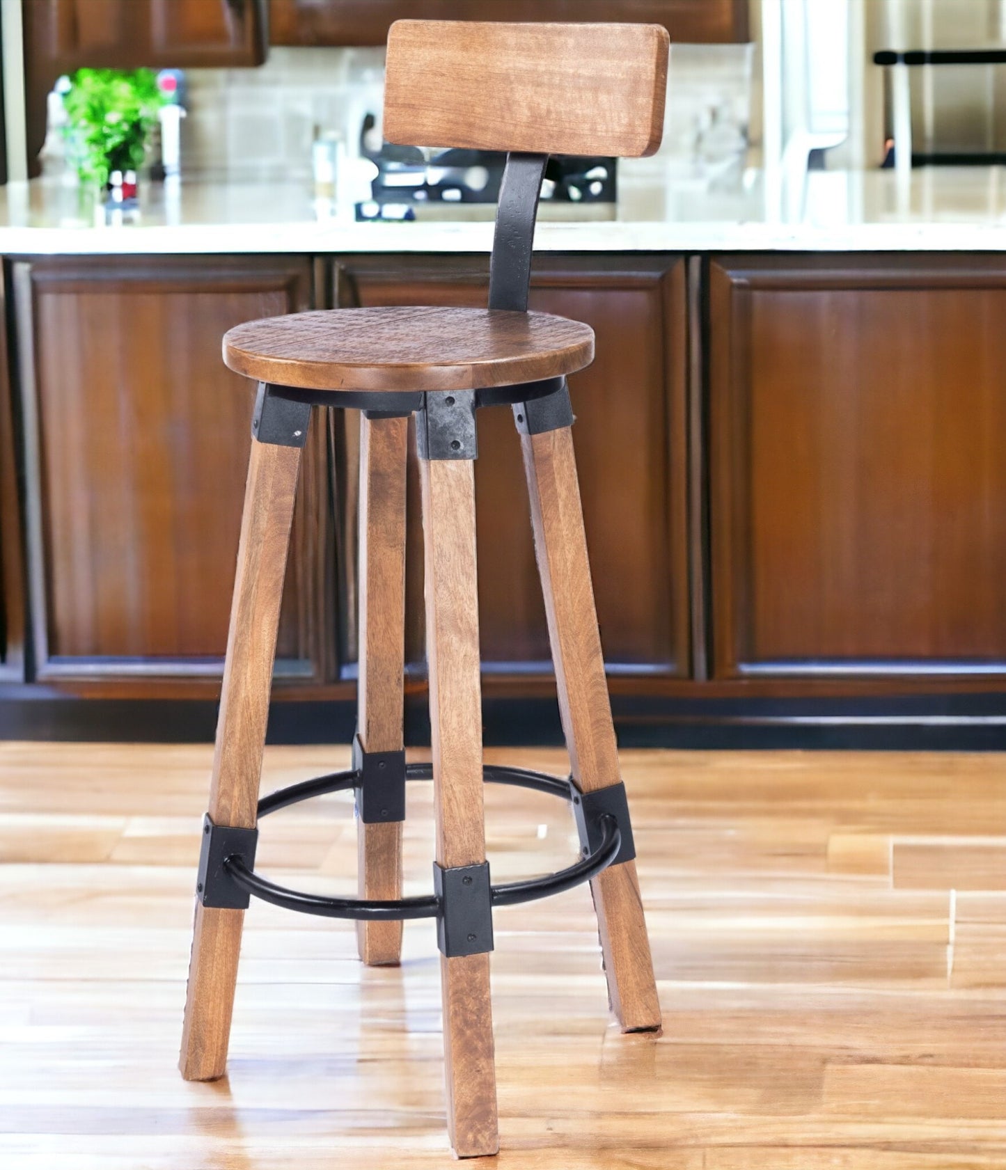 28" Brown and Natural Solid Wood and Iron Bar Chair