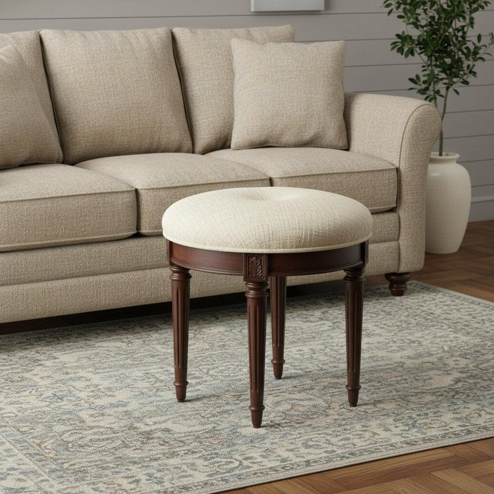 18" Off White Linen And Dark Brown Ottoman HomeRoots