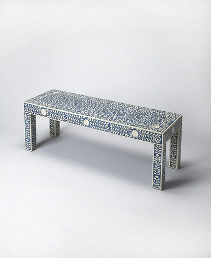 Blue And Ivory Bone Inlay Bench - FurniFindUSA
