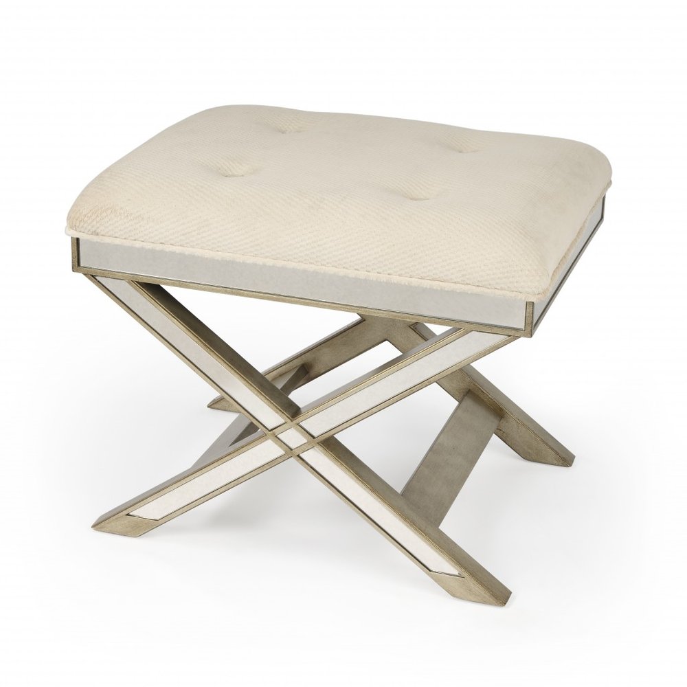 26" Ivory Cotton and Brown Tufted Ottoman HomeRoots