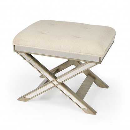 26" Ivory Cotton and Brown Tufted Ottoman HomeRoots