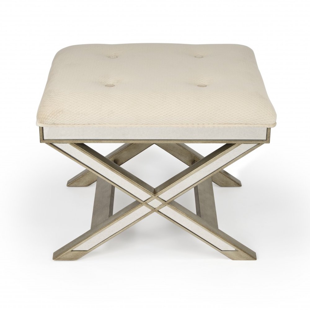 26" Ivory Cotton and Brown Tufted Ottoman HomeRoots