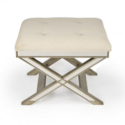 26" Ivory Cotton and Brown Tufted Ottoman HomeRoots
