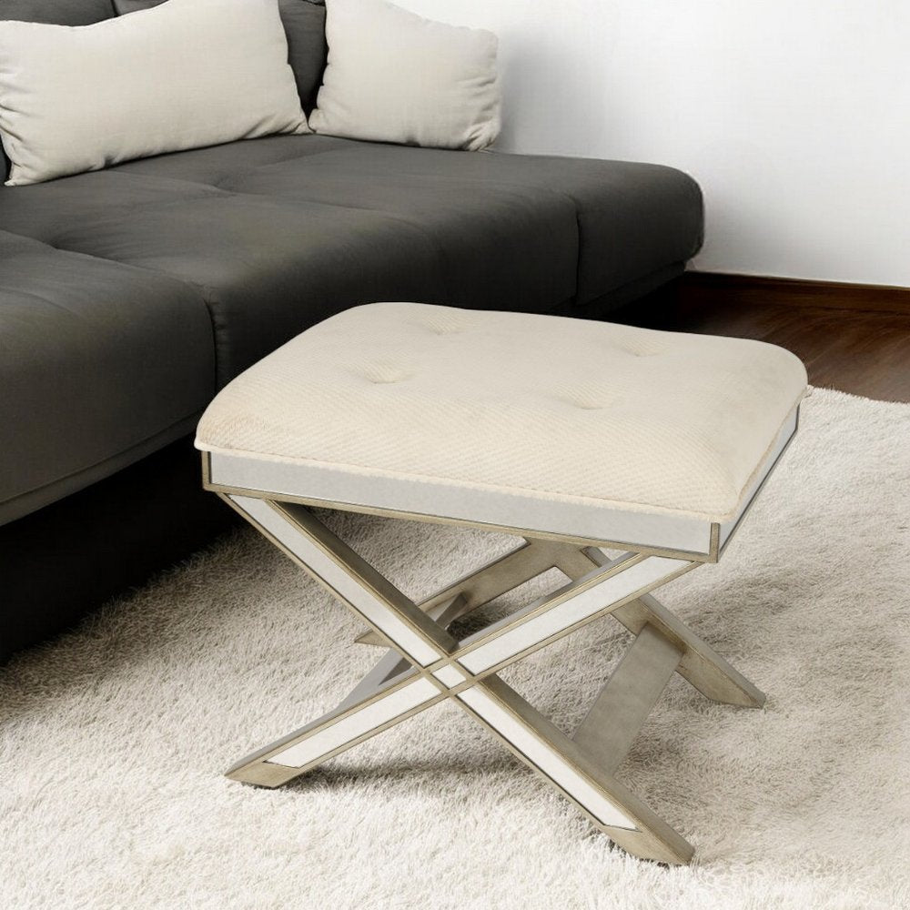 26" Ivory Cotton and Brown Tufted Ottoman HomeRoots